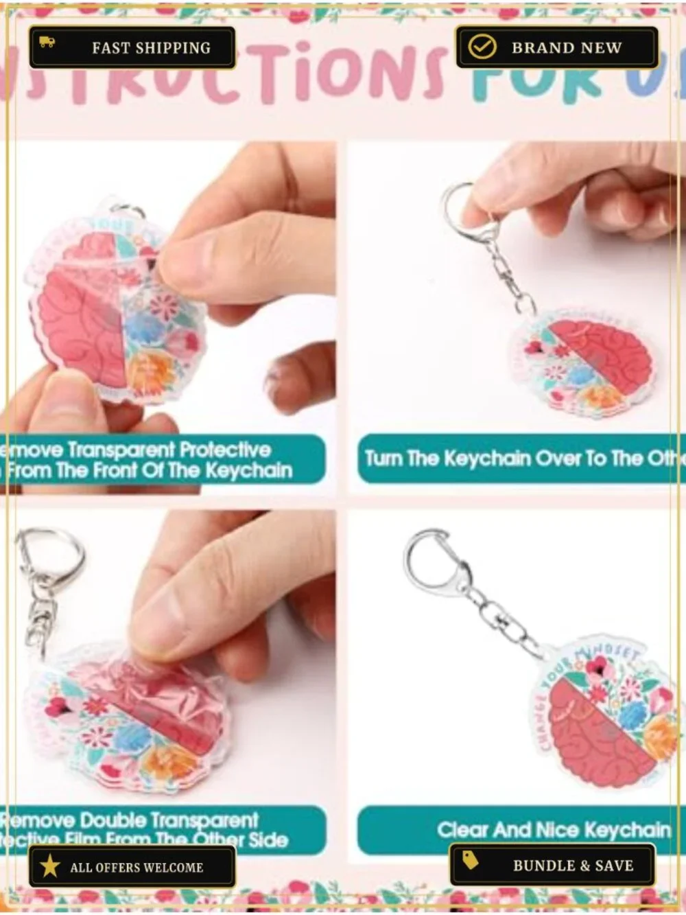 Set of 100 Growth Mindset Acrylic Keychains with Motivational Cards for